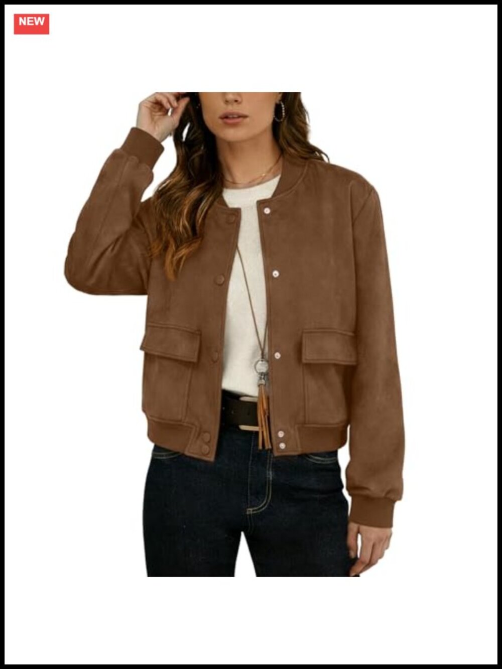 Faux Suede Leather Cropped Bomber Jacket Button Down Long Sleeve Casual
